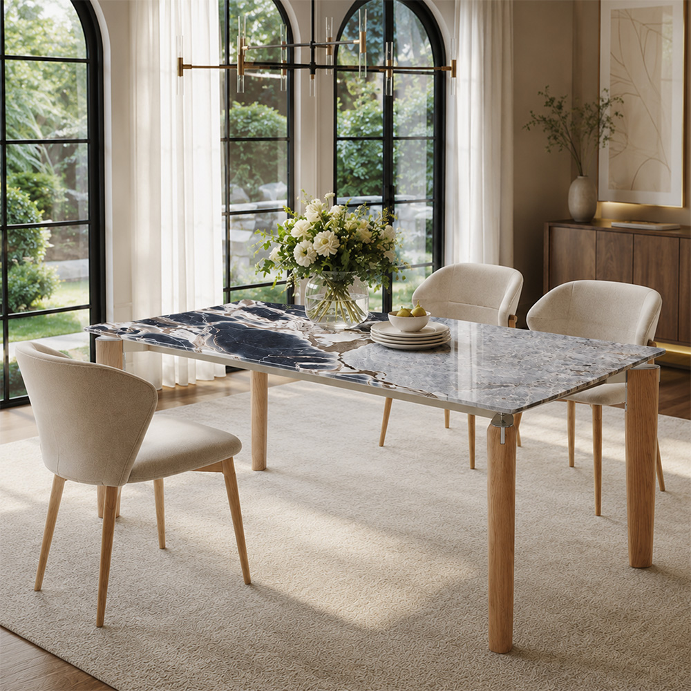 70.9" Coastal Rectangular Ocean Storm Marble Dining Table Solid Ash Wood Tapered Legs