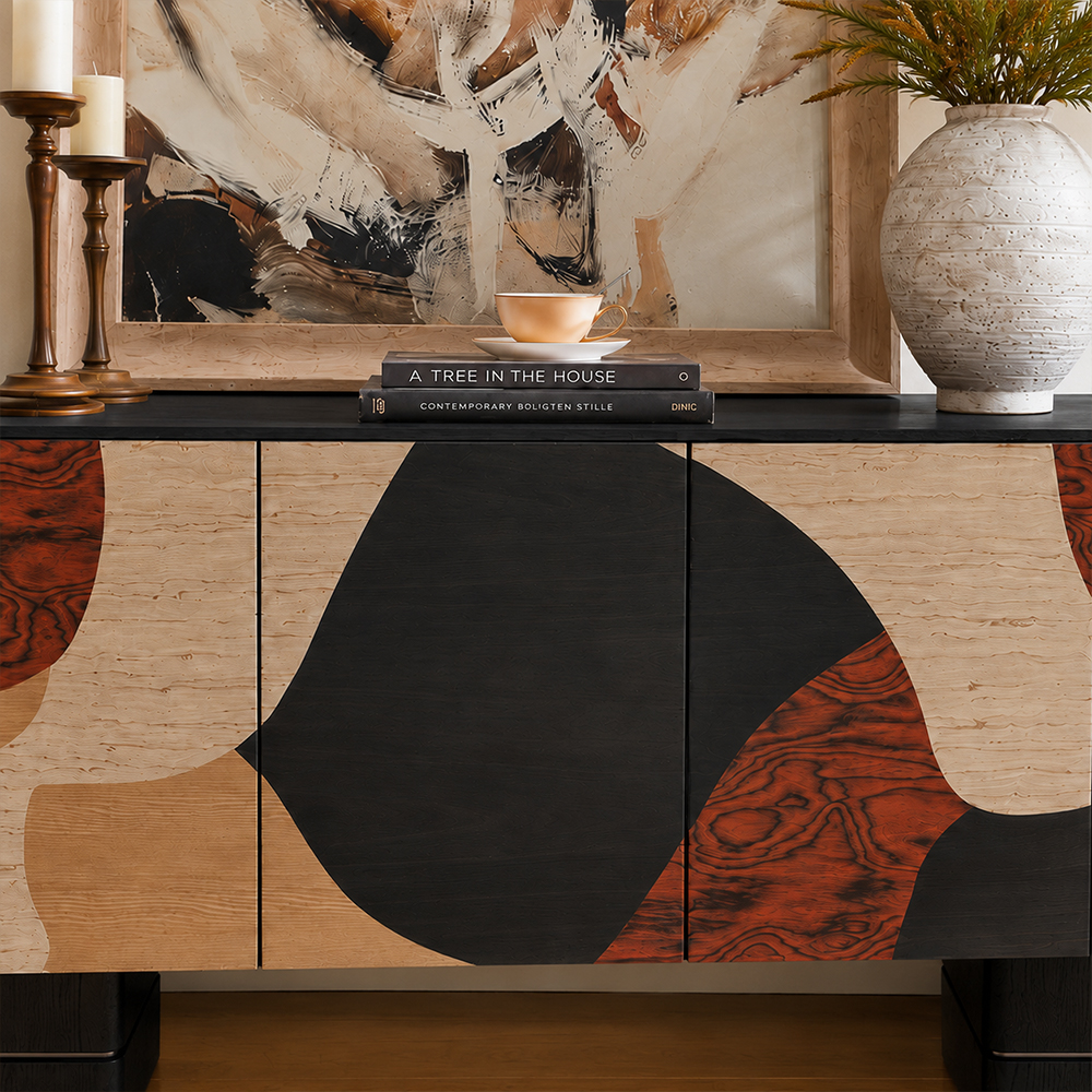 Large Capacity Four Door Abstract Inlay Elm Wood Storage Cabinet