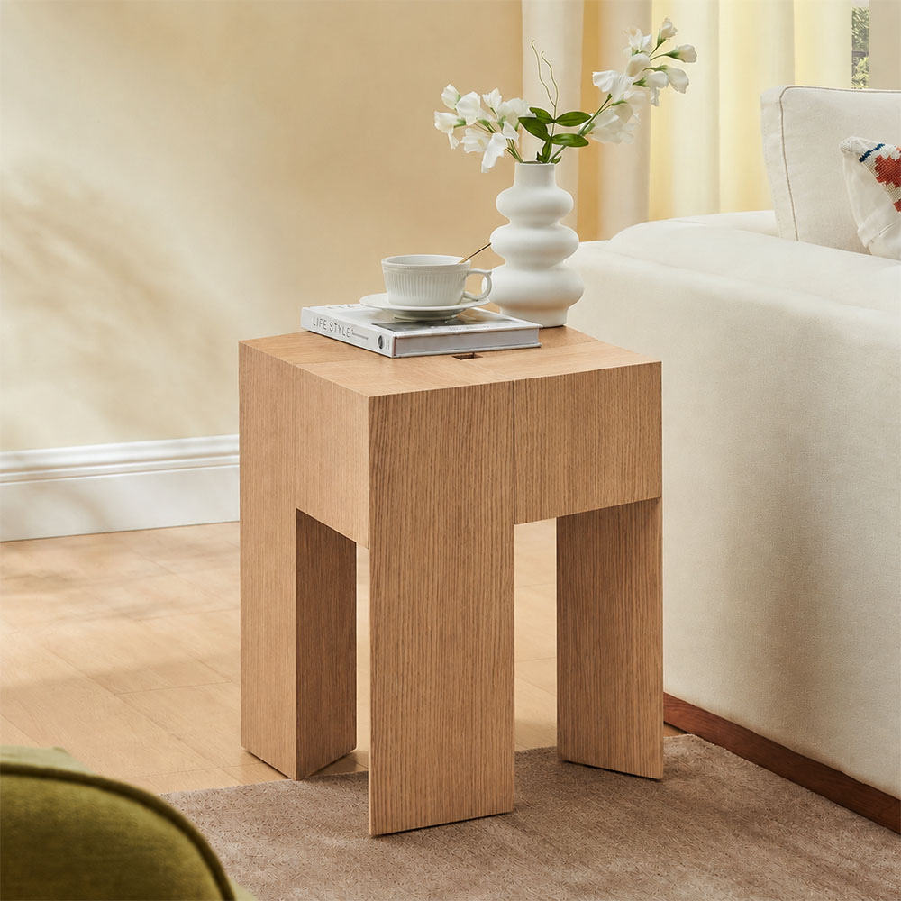 Geometric Split Block White Oak Veneer Multi Layer Wood Side Table