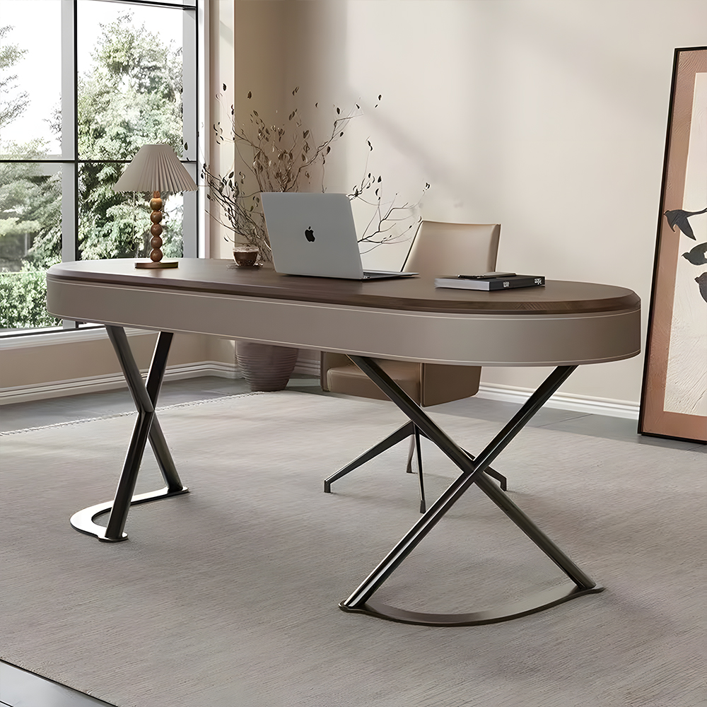 Curved Leather Trim Edge Solid Wood Stainless Steel Office Desk