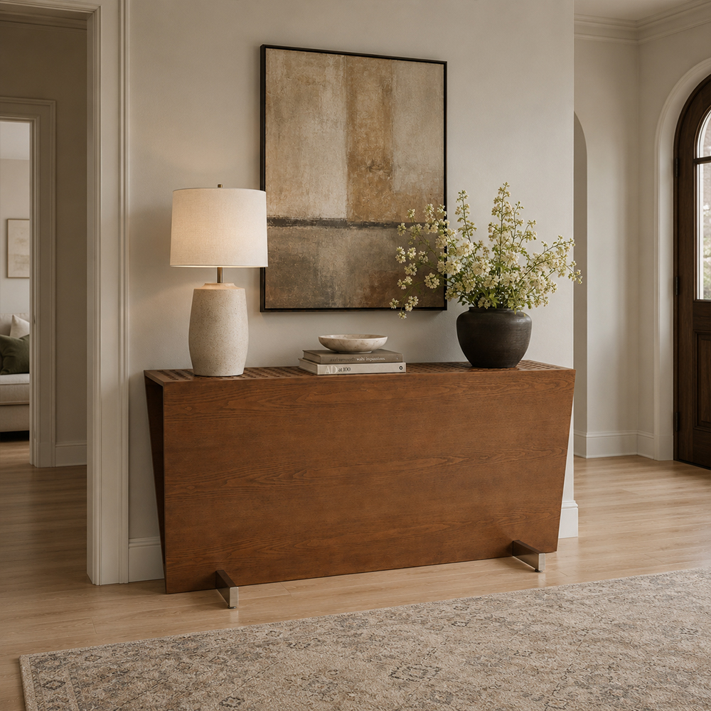 Ash Wood Veneer Trapezoid Shape Console Table