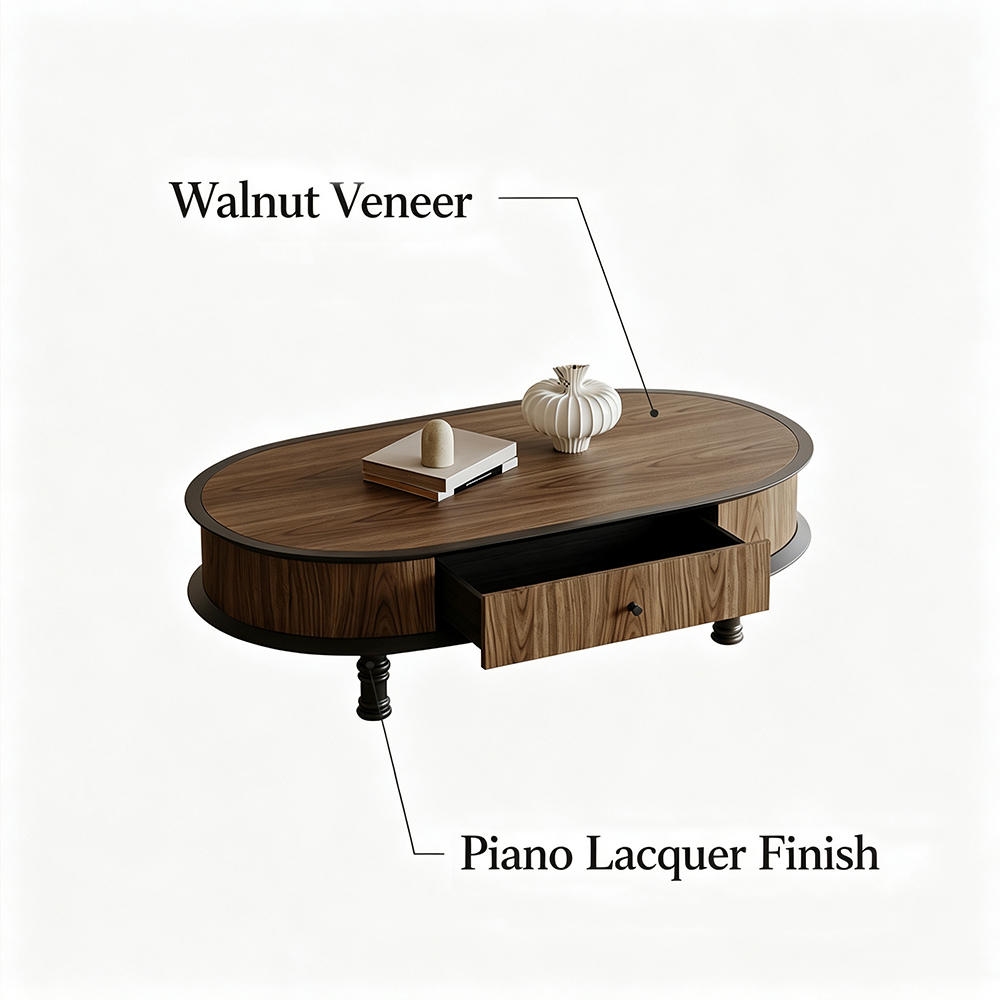 Oval Walnut Veneer Single Drawer Turned Black Leg Coffee Table
