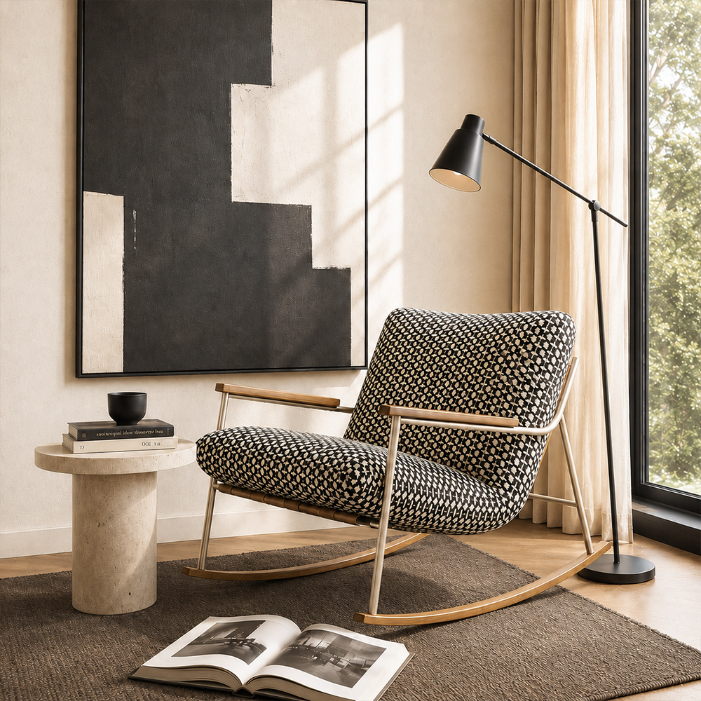 Geometric Woven Fabric Stainless Steel Wood Arm Rocking Accent Chair
