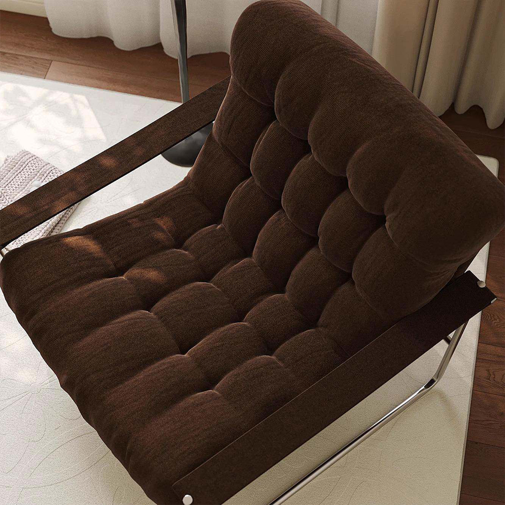 Thick Brown Corduroy Grid Tufted Chrome Cantilever Lounge Chair