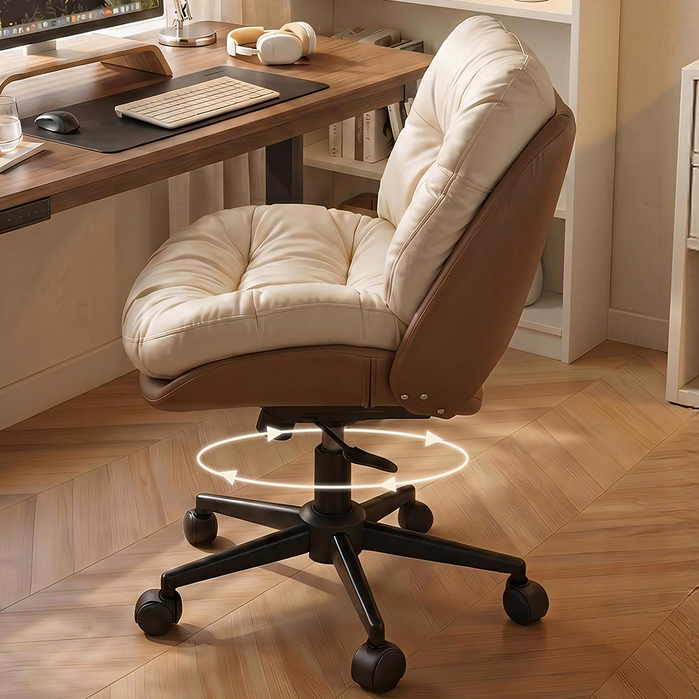 Modern Cream & Brown Tufted Swivel Office Chair with Rolling Base