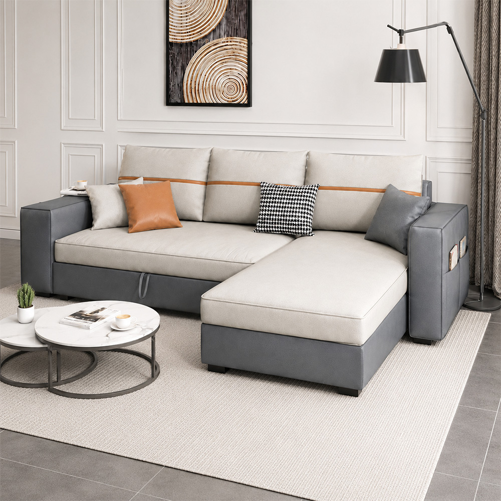 L Shaped Linen Cushion Microfiber Leather Pull Out Storage Sectional Sofa Bed
