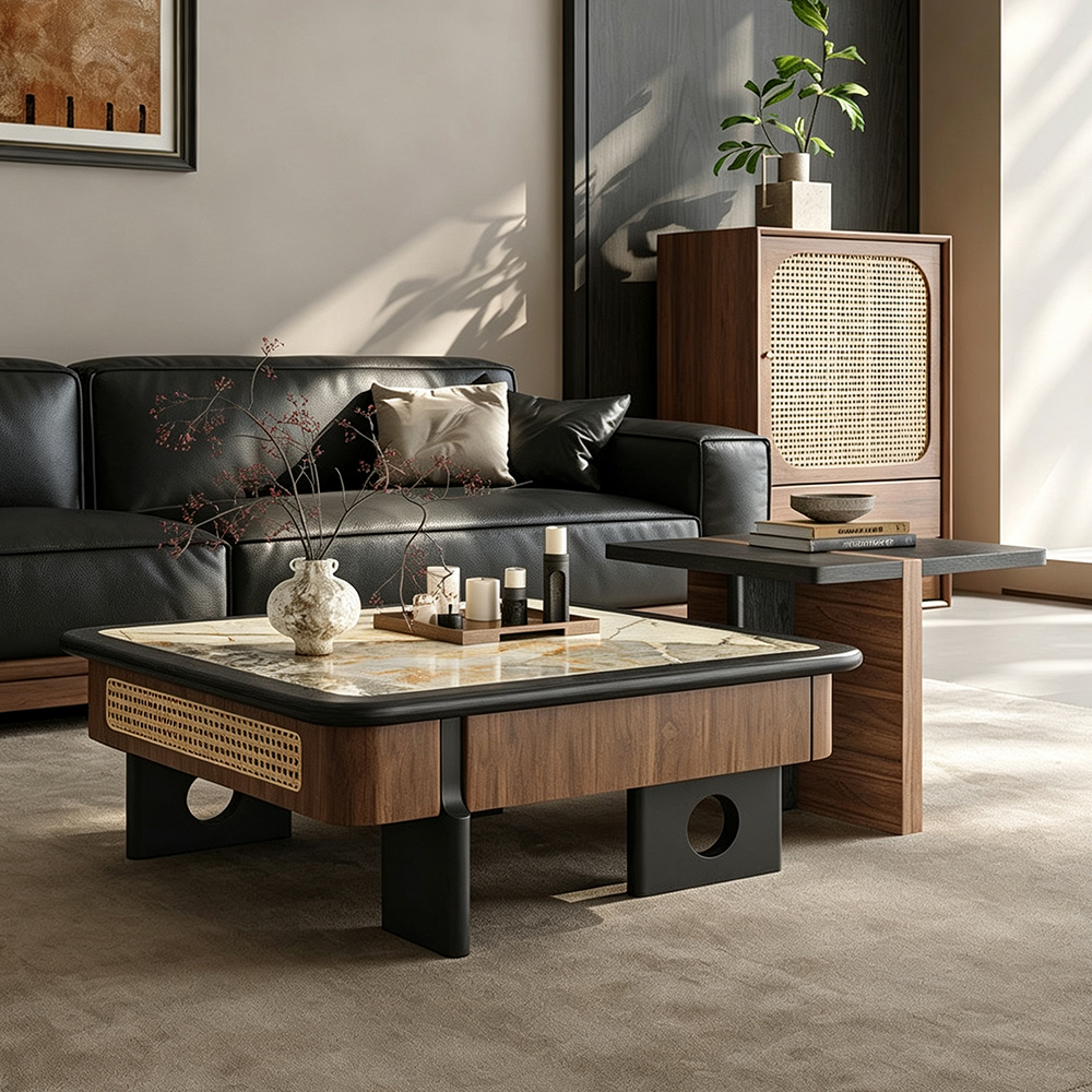 Wabi Sabi Sintered Stone Walnut Veneer Nesting Coffee Table Set