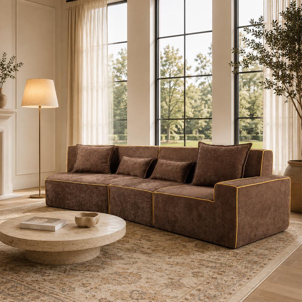 Dark Brown Embossed Velvet Golden Piping Modular Compressed Sofa