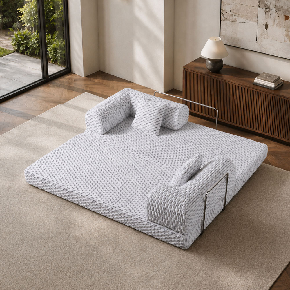 Striped Bouclé Fabric Modular Vacuum Compressed Convertible Sofa Daybed