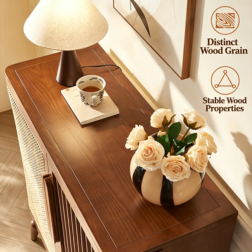 Wood Rattan Slatted Door Adjustable Storage Accent Cabinet