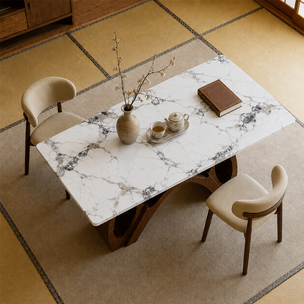 Modern Sintered Stone Dining Table Luxury Kitchen Table with Sculptural Walnut Wood Base for 4-6