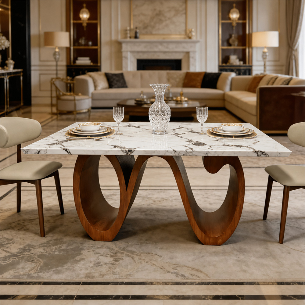 Modern Sintered Stone Dining Table with Sculptural Solid Wood Base Kitchen Table for 6