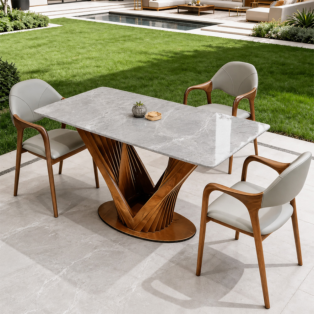 Luxury Sintered Stone Dining Table Kitchen Table With Artistic V-Shaped Solid Wood Base