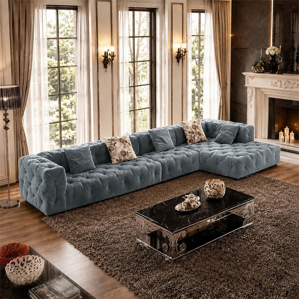 155.9" Two Tone Tufted Velvet Modular L Shape Sectional Sofa With Chaise For Luxury Villa