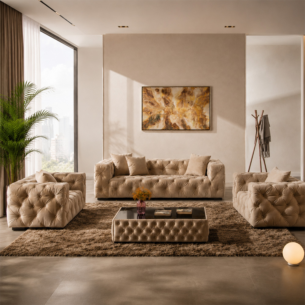 All Tufted Boxy Velvet Sofa Suite Three Seat Couch Two Single Chairs For Living Space