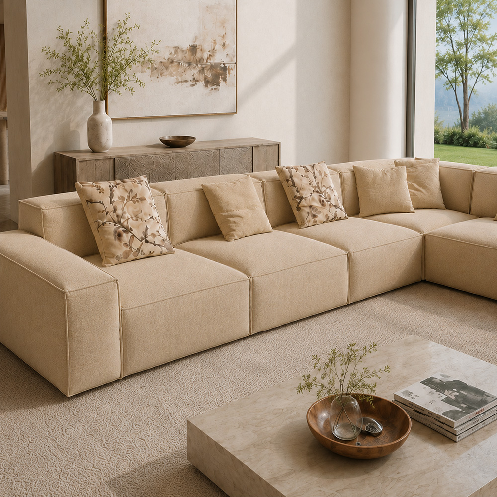 148.8“ Wabi Beige Linen Modular Sofa 3 Armless Seats Corner Footstool Set
