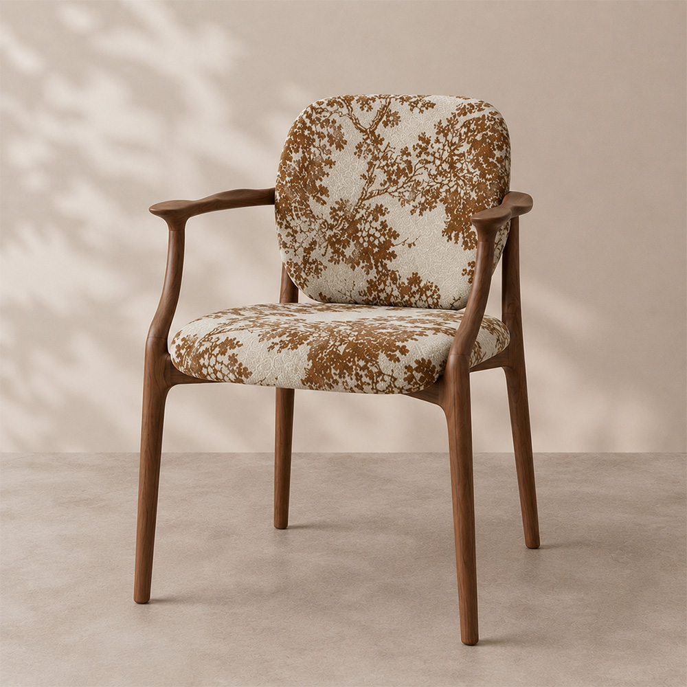 Tree Print Fabric Curved Solid Walnut Arm Mid Century Dining Chair 1 Piece