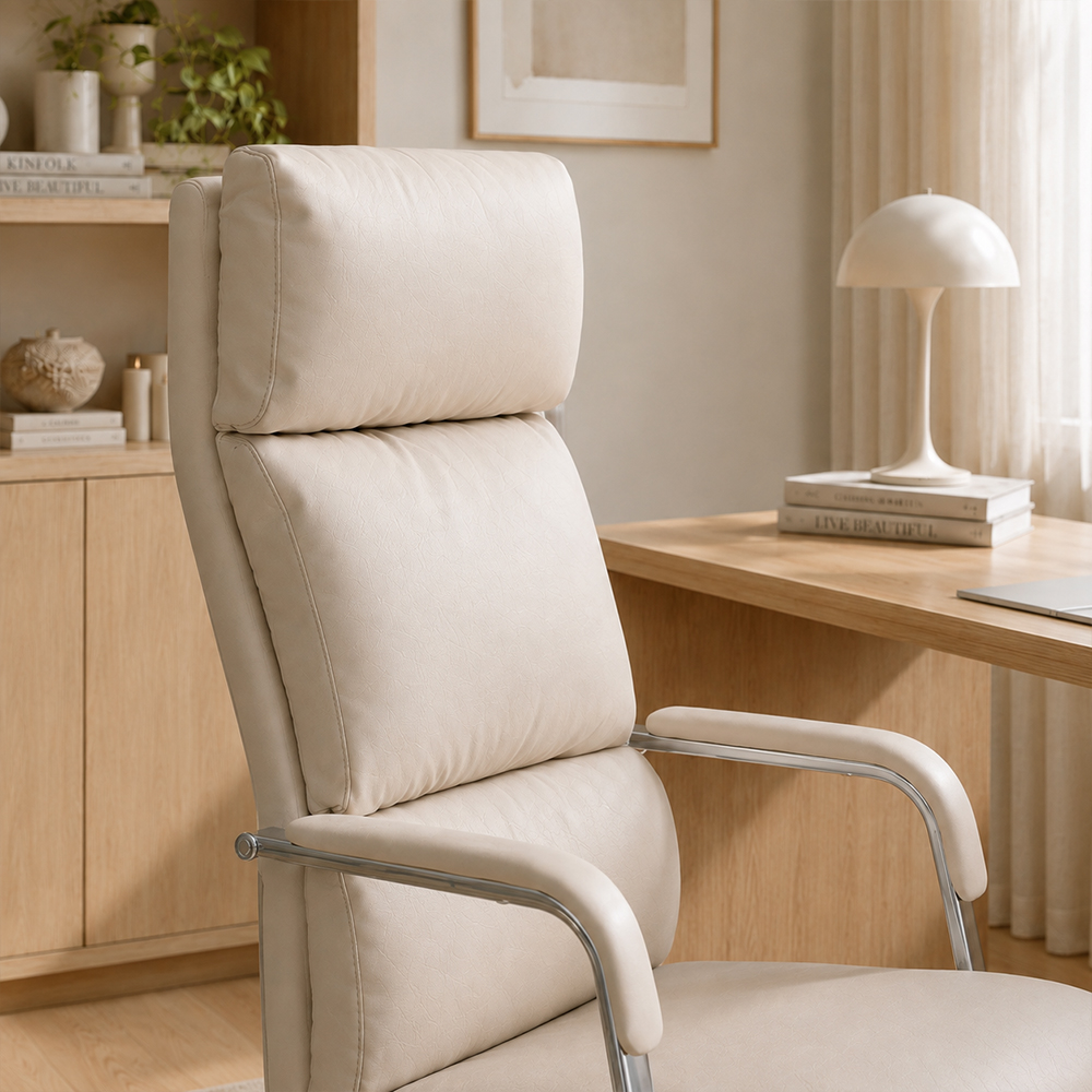 Modern Cream PU Leather Swivel Office Chair with Chrome Base