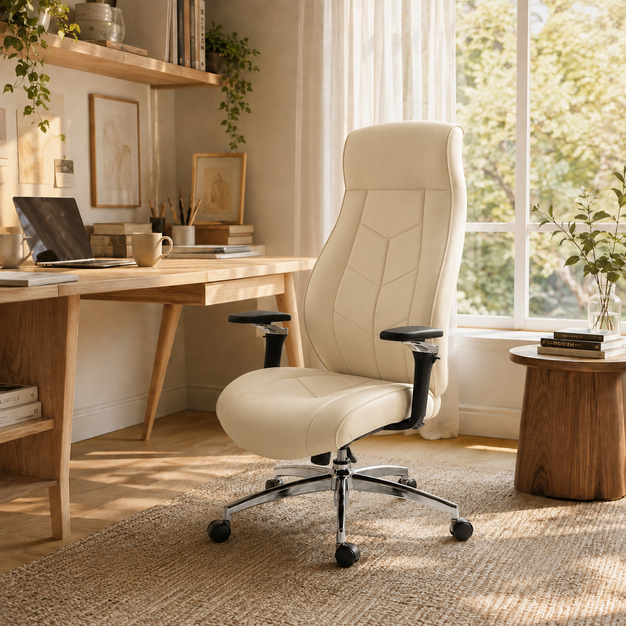 Cream PU Leather Executive Office Chair With 6D Armrests