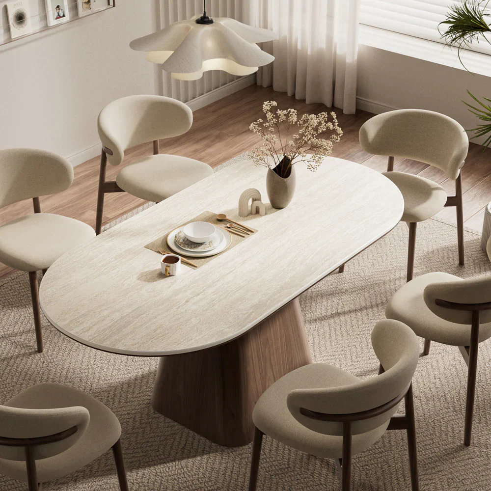 Modern Oval Dining Table with Sintered Stone Top & Walnut Base