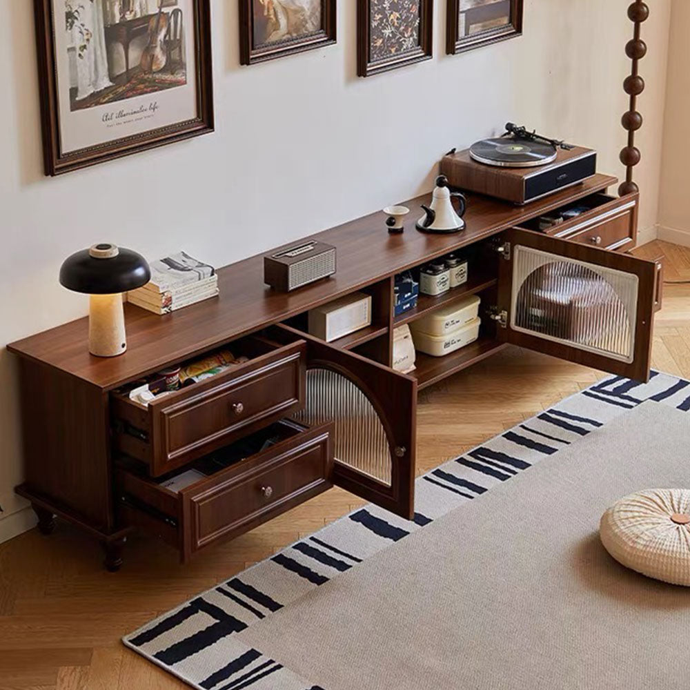 Vintage Walnut TV Stand with Arched Ribbed-Glass Doors & Storage