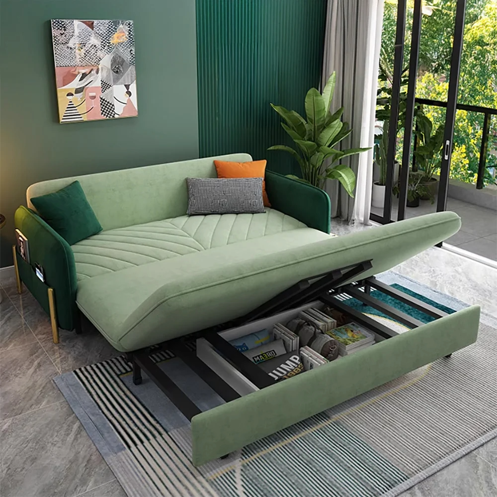 green velvet convertible sofa bed with pull-out storage drawer partially extended