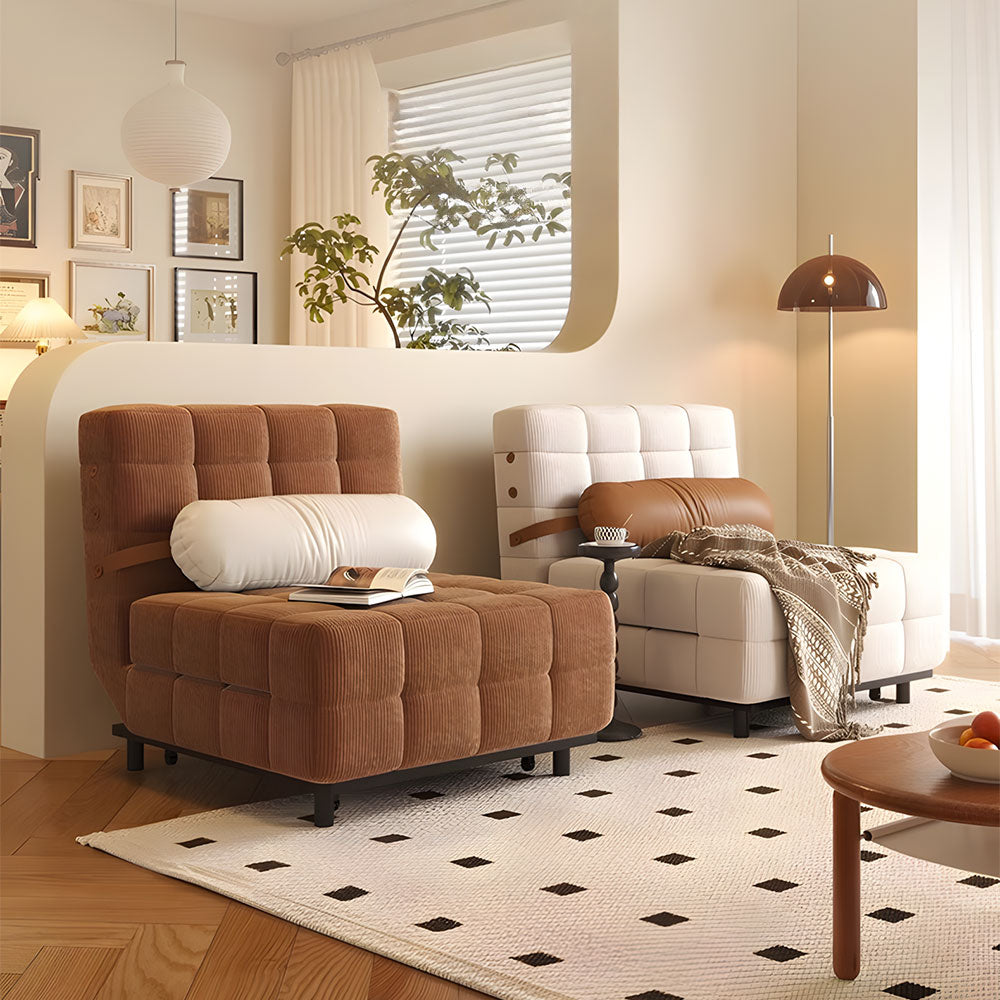 Foldable lounge sofa bed in corduroy fabric with space-saving design and cozy comfort