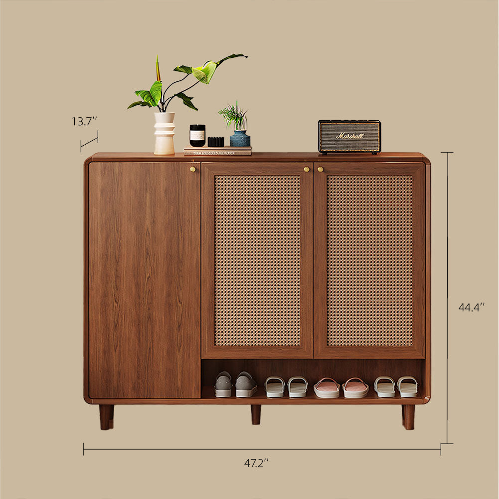 Mid-Century Rattan Shoe Cabinet with 2 Doors Walnut Wood Entryway Storage Organizer with Open Shelf