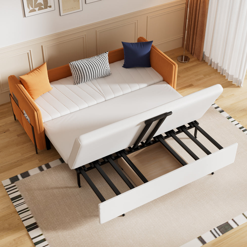 Convertible sofa bed opened into a full guest bed with smooth, space-saving transformation