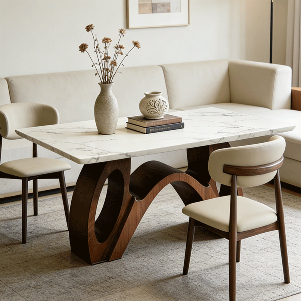 Modern Sintered Stone Dining Table Luxury Kitchen Table with Sculptural Walnut Wood Base for 4-6