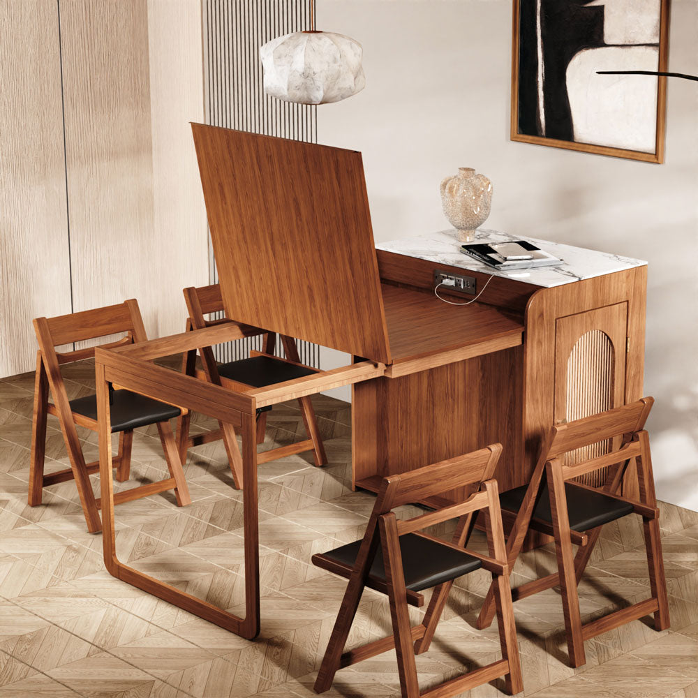 Wooden foldable dining table with 4 chairs in a room with a mirror and lamp.