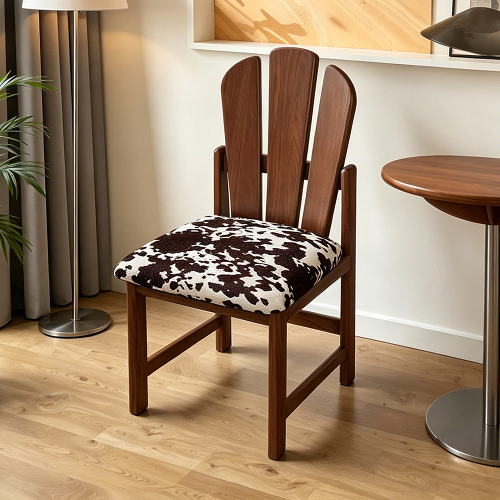 Three Slat Curved Back Solid Wood Printed Fabric Dining Chair 1 Piece