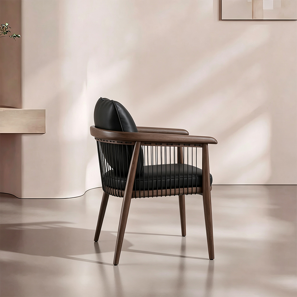 Modern Black Wooden Dining Chair with Armrests Minimalist Striped Upholstered Dining Armchair 1 Piece
