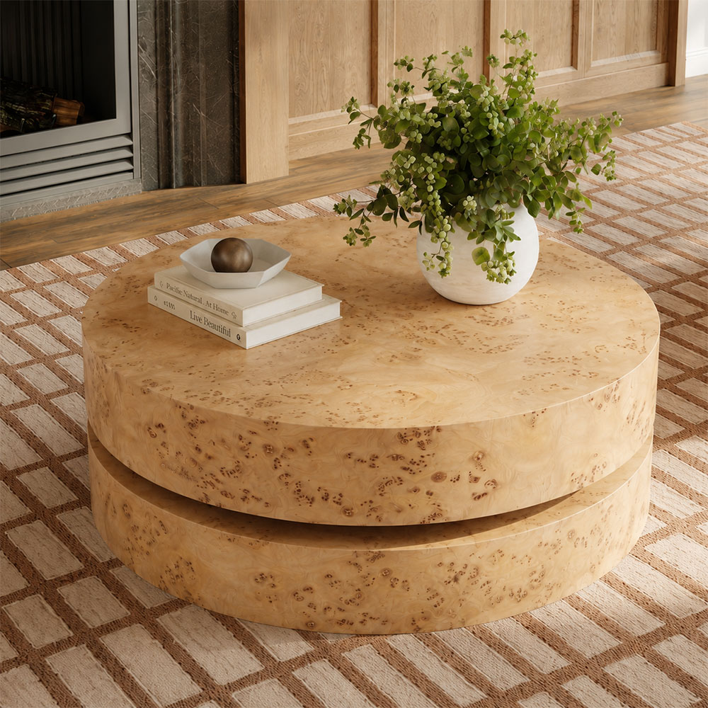 Two Tier Round Natural Burl Wood Veneer Multi Layer Coffee Table
