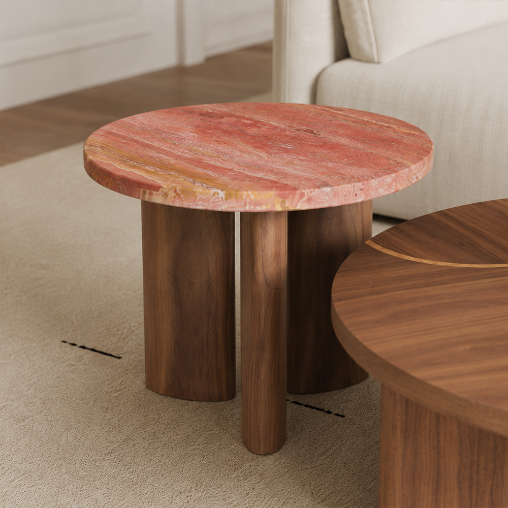Nesting Round Coffee Table Set Walnut Veneer Red with Travertine Side Table