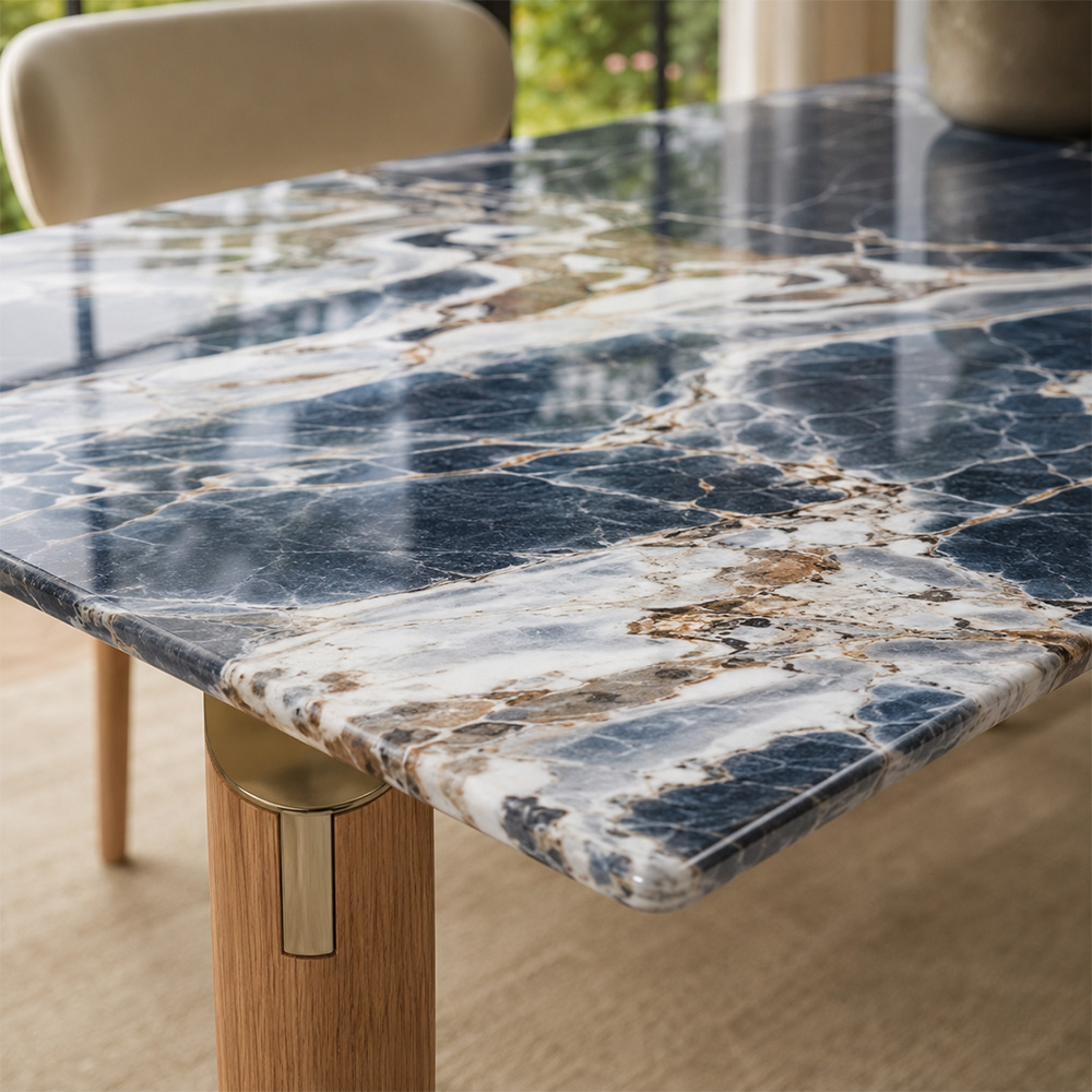 70.9" Coastal Rectangular Ocean Storm Marble Dining Table Solid Ash Wood Tapered Legs