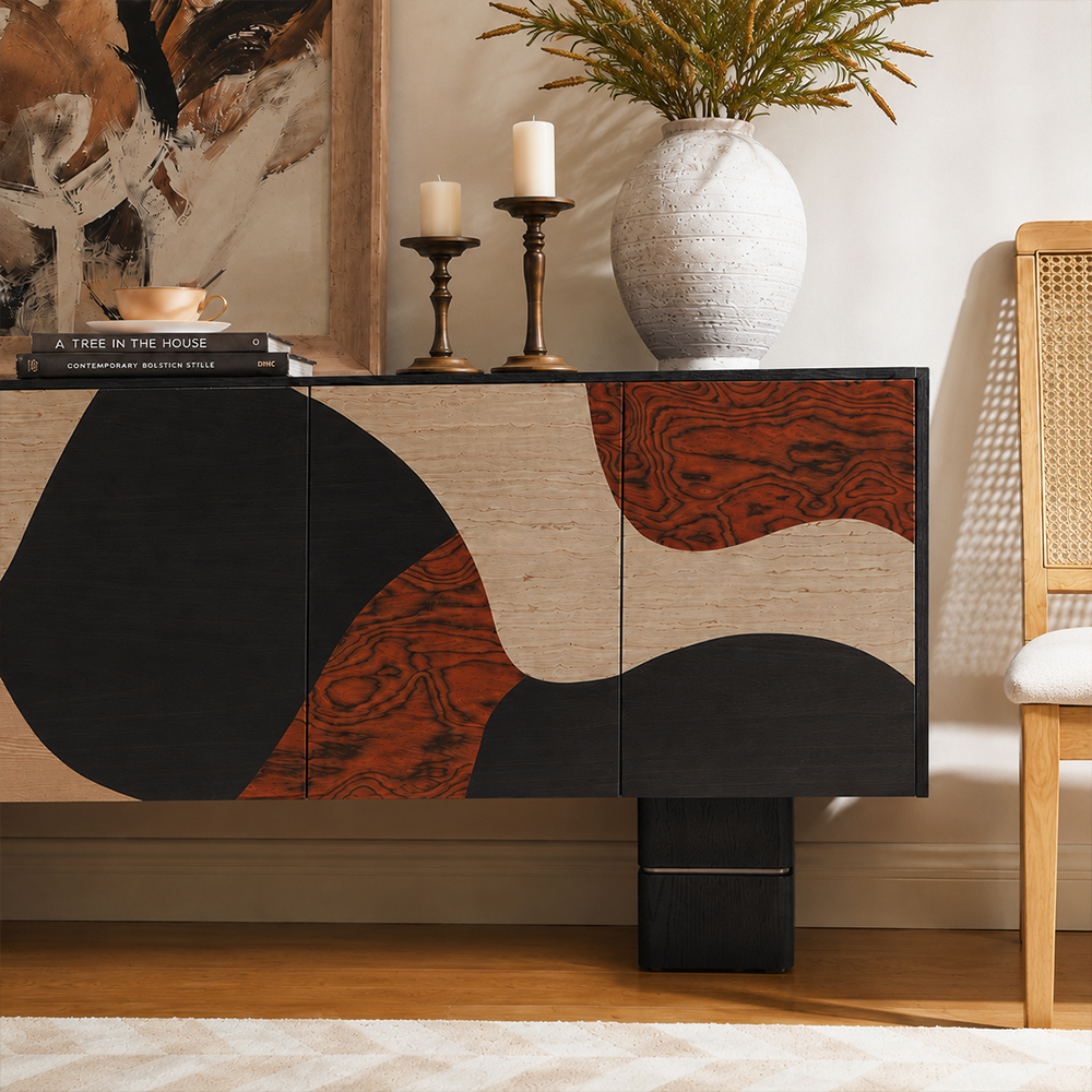 Large Capacity Four Door Abstract Inlay Elm Wood Storage Cabinet