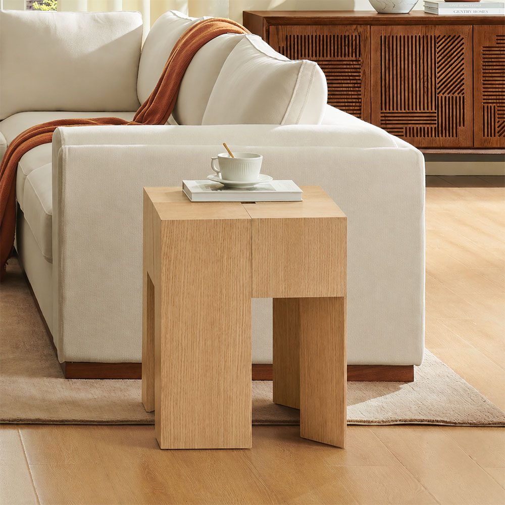 Geometric Split Block White Oak Veneer Multi Layer Wood Side Table