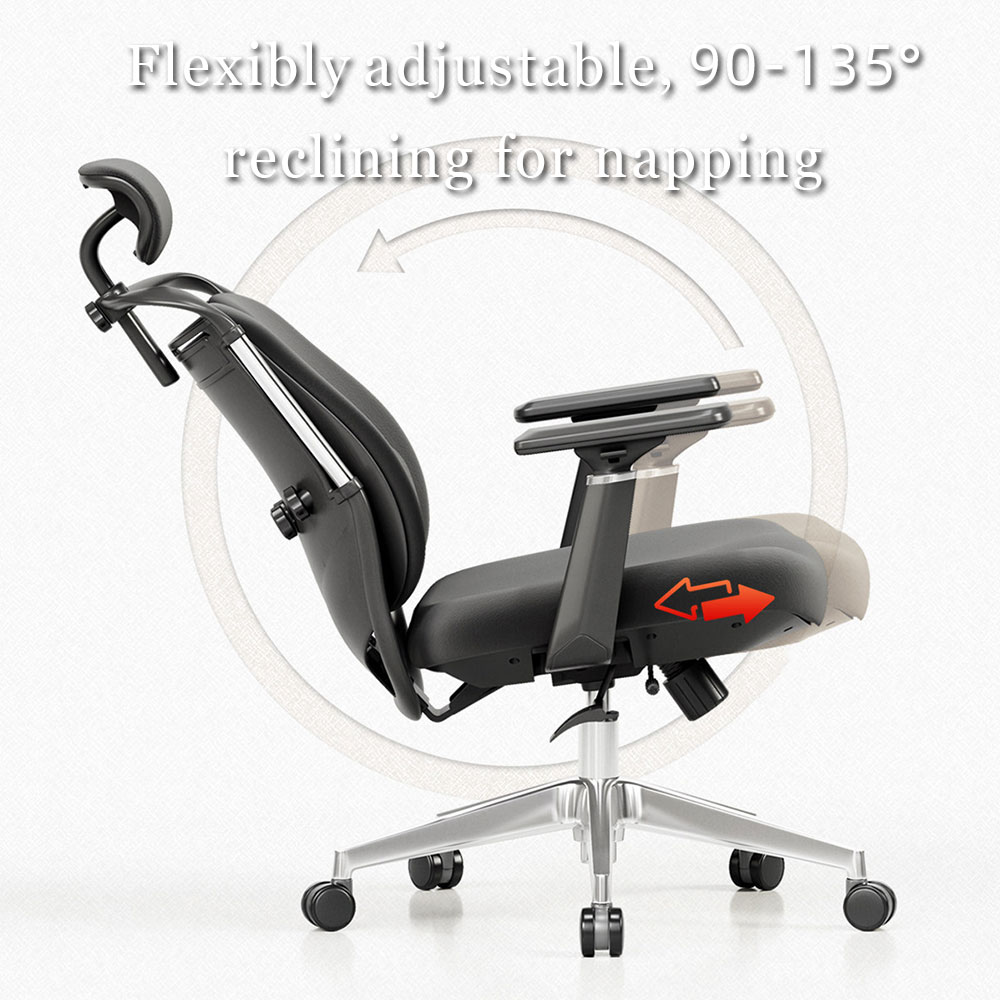 Ergonomic Executive Office Chair with Headrest Adjustable Seat Depth & 90°–135° Reclining Backrest