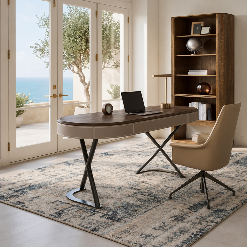 Curved Leather Trim Edge Solid Wood Stainless Steel Office Desk