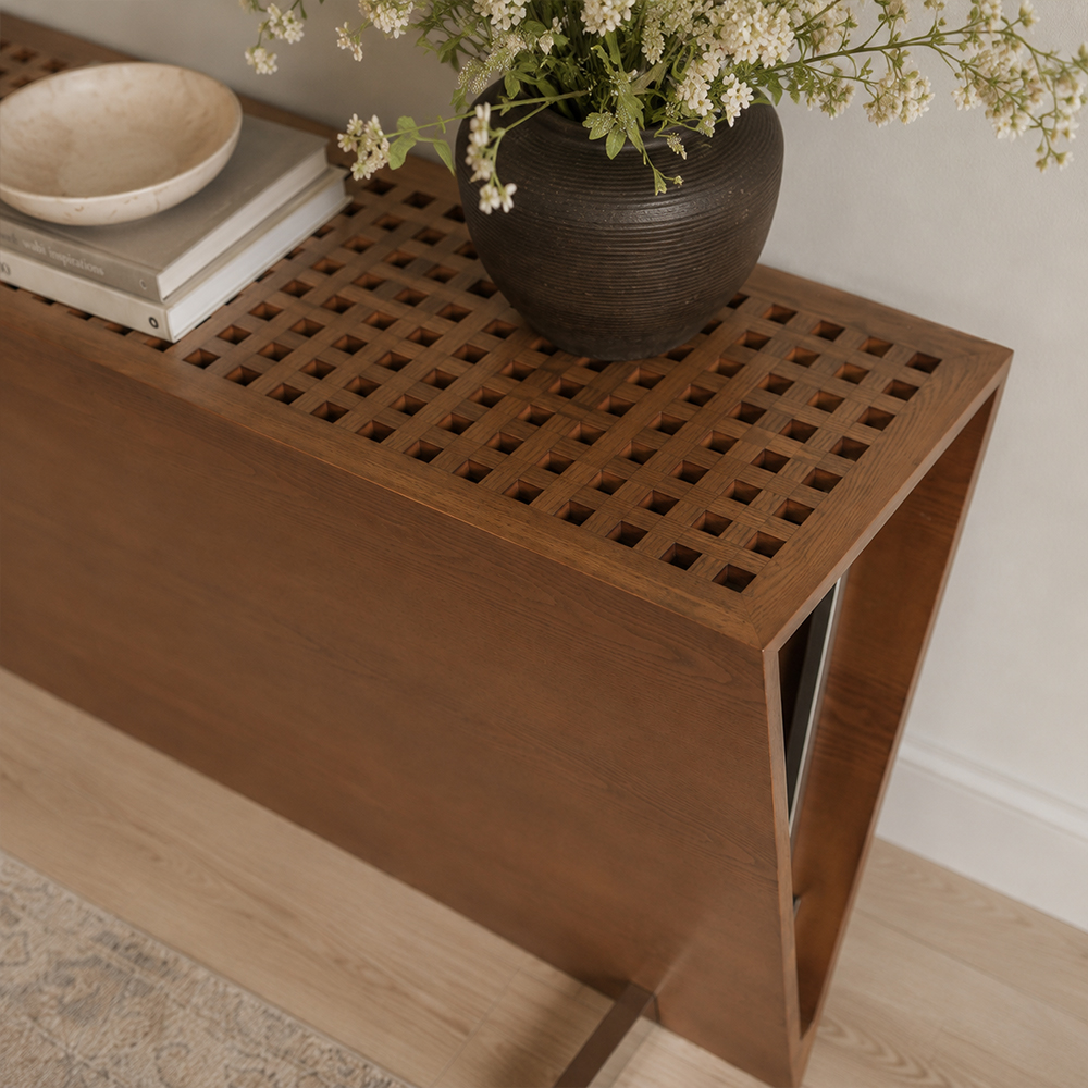 Ash Wood Veneer Trapezoid Shape Console Table