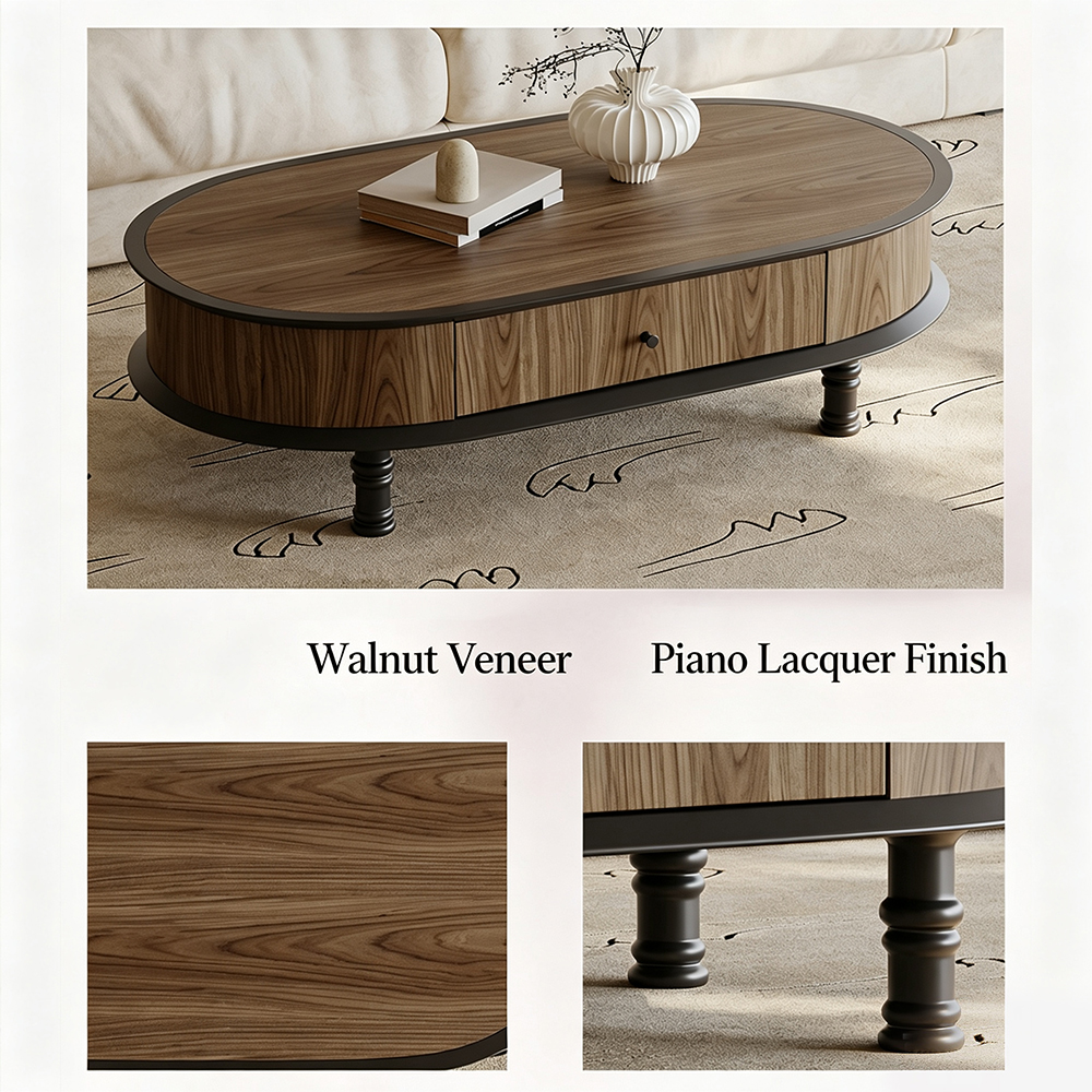 Oval Walnut Veneer Single Drawer Turned Black Leg Coffee Table
