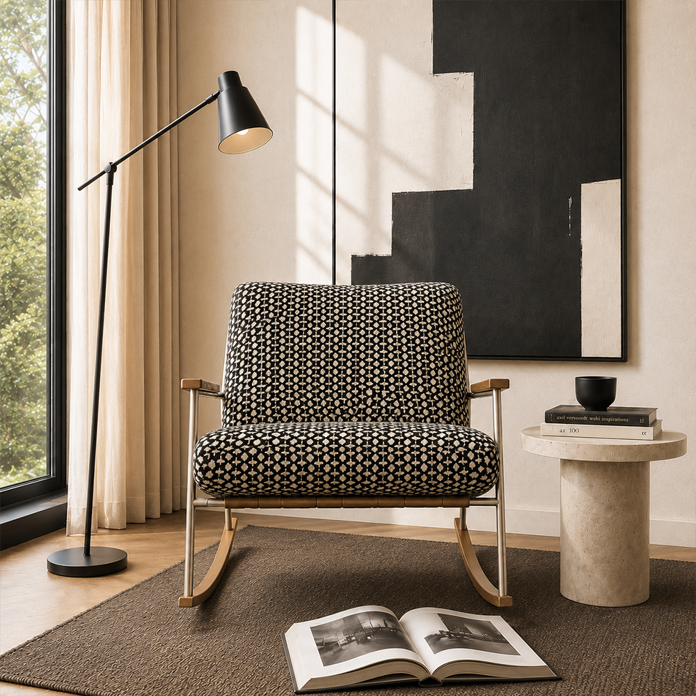 Geometric Woven Fabric Stainless Steel Wood Arm Rocking Accent Chair