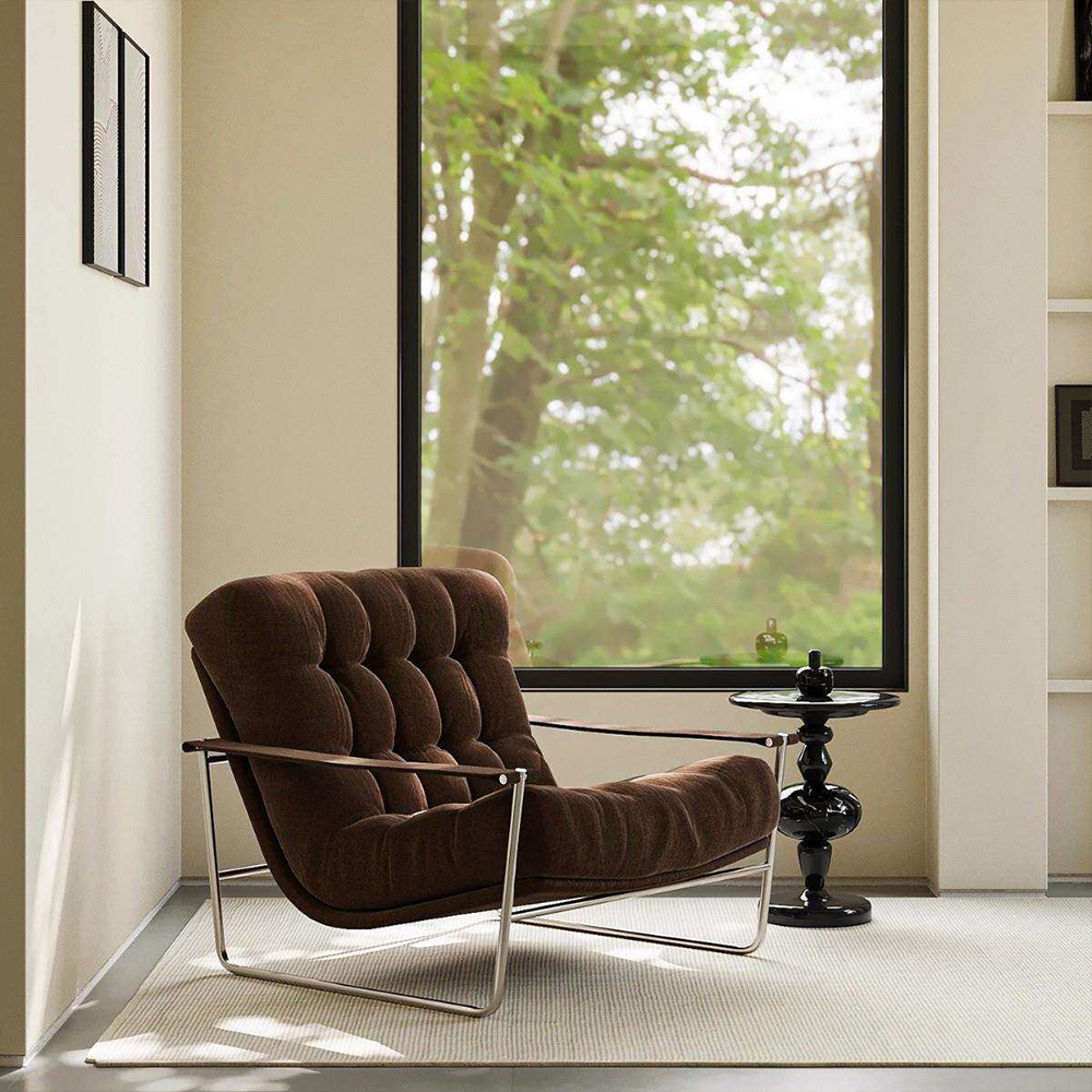 Thick Brown Corduroy Grid Tufted Chrome Cantilever Lounge Chair