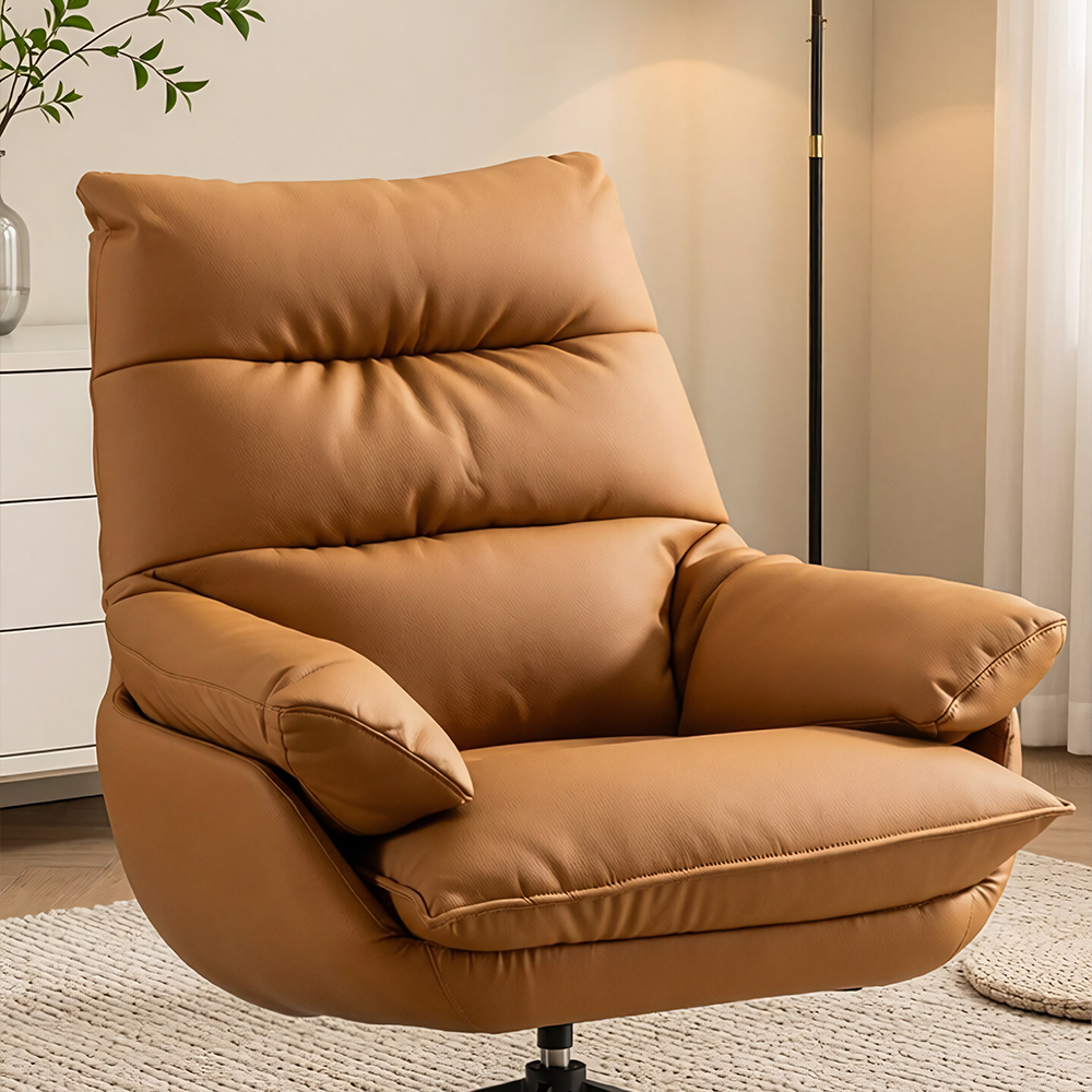 Modern Cognac Swivel Lounge Chair with High Back and Plush Cushions