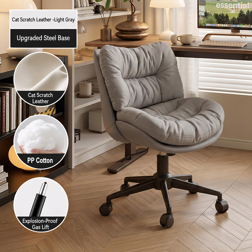 Modern Cream & Brown Tufted Swivel Office Chair with Rolling Base