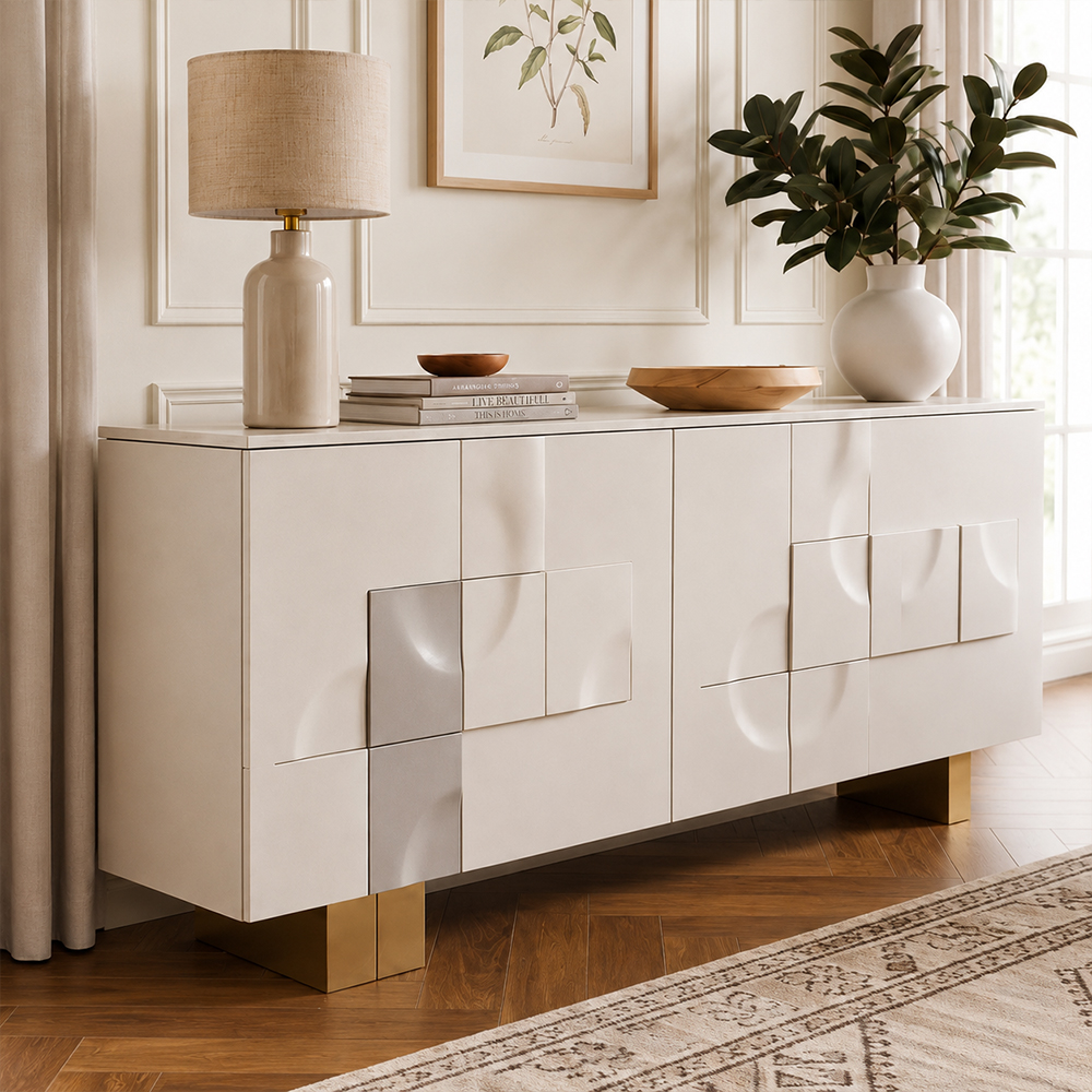  Marble Top Geometric Embossed Sideboard Cabinet
