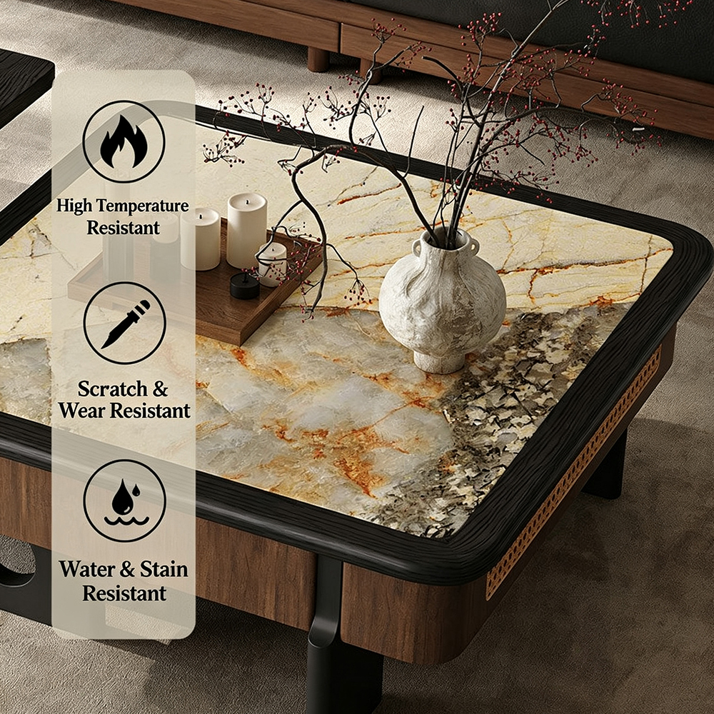 Wabi Sabi Sintered Stone Walnut Veneer Nesting Coffee Table Set