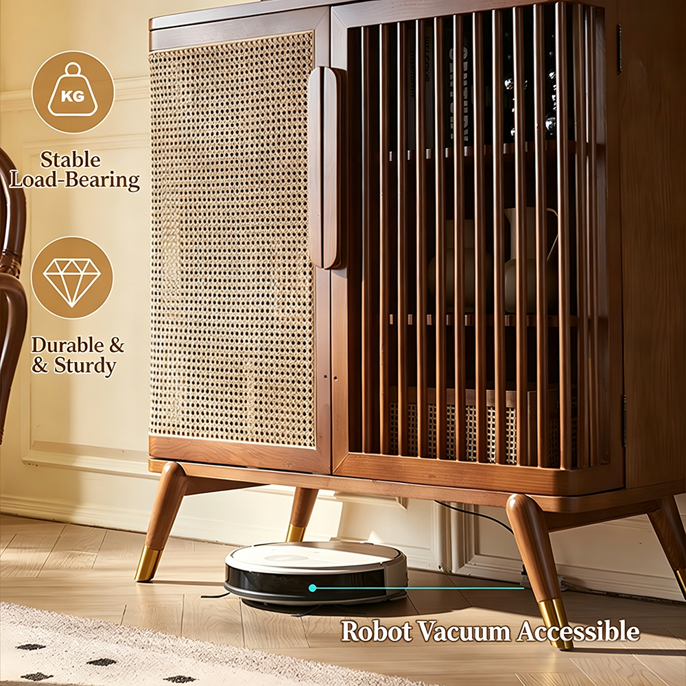 Wood Rattan Slatted Door Adjustable Storage Accent Cabinet