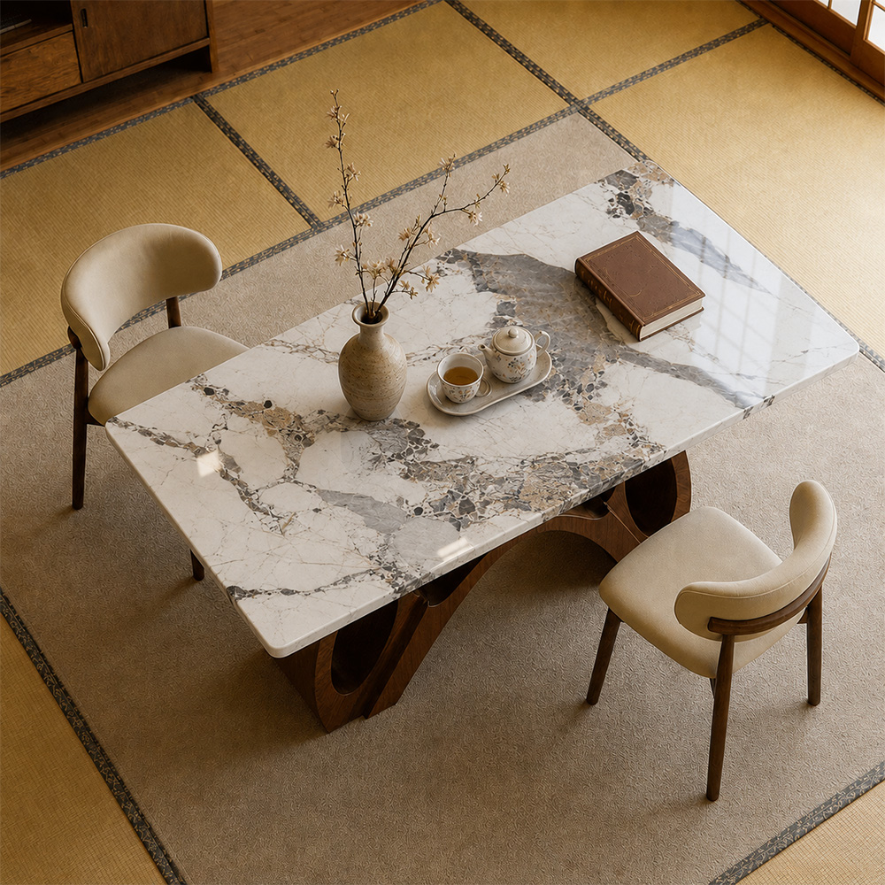 Modern Sintered Stone Dining Table Luxury Kitchen Table with Sculptural Walnut Wood Base for 4-6